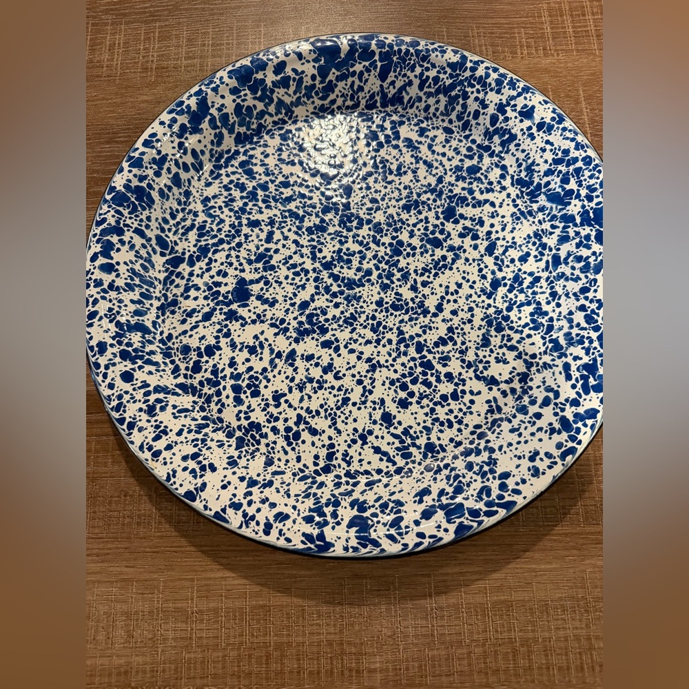 Blue and White Speckled enamel server- measures 12.5  inches around